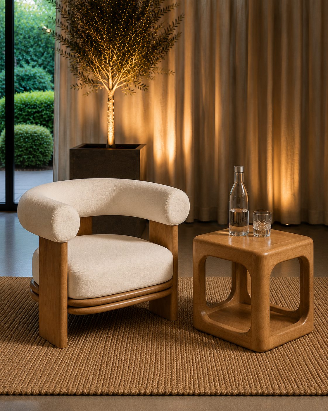 A signature Lounge Collective setting with fluted timber and cream upholstery